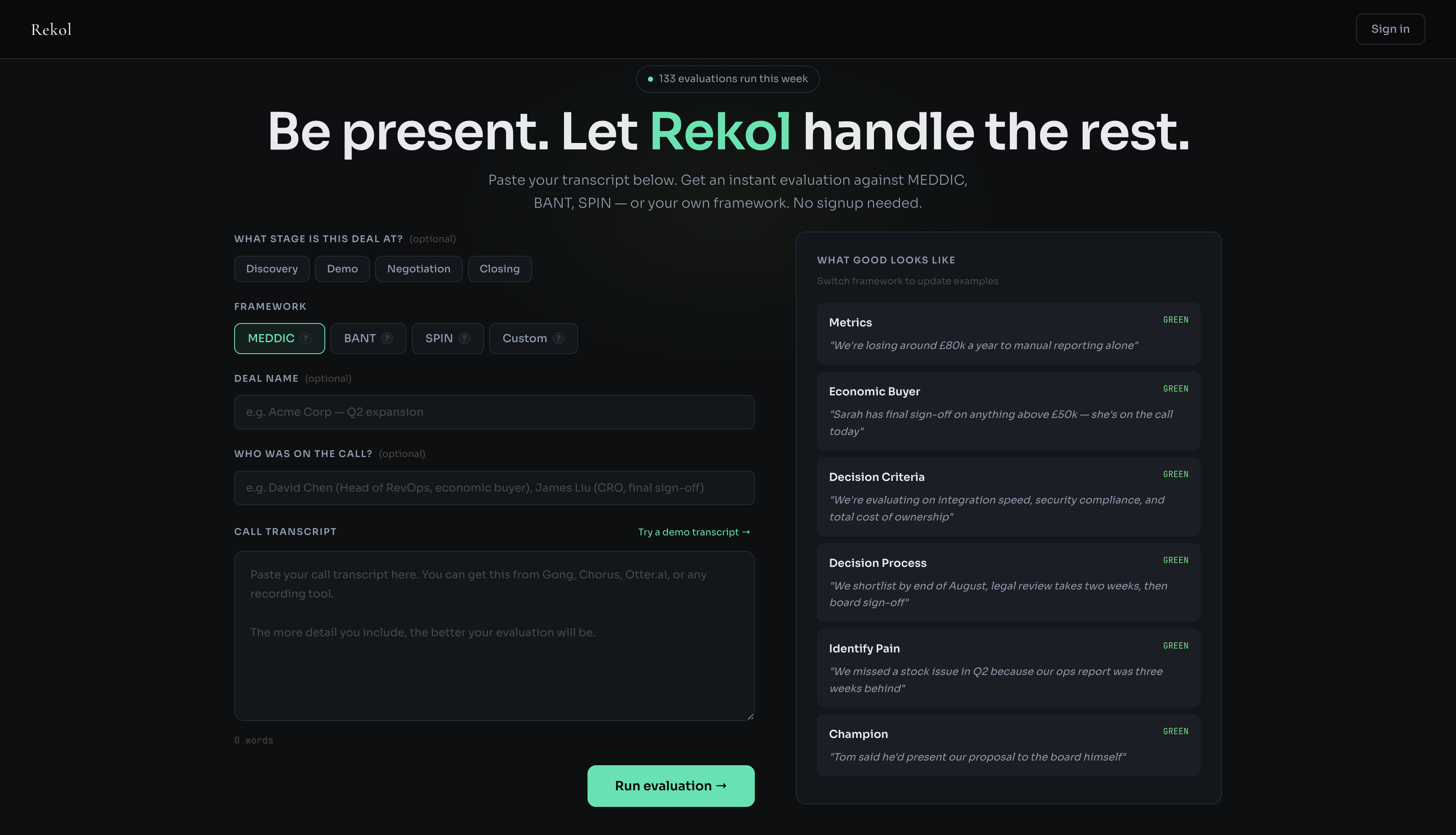 Rekol call analysis: framework scoring with section-by-section evaluation and coaching notes