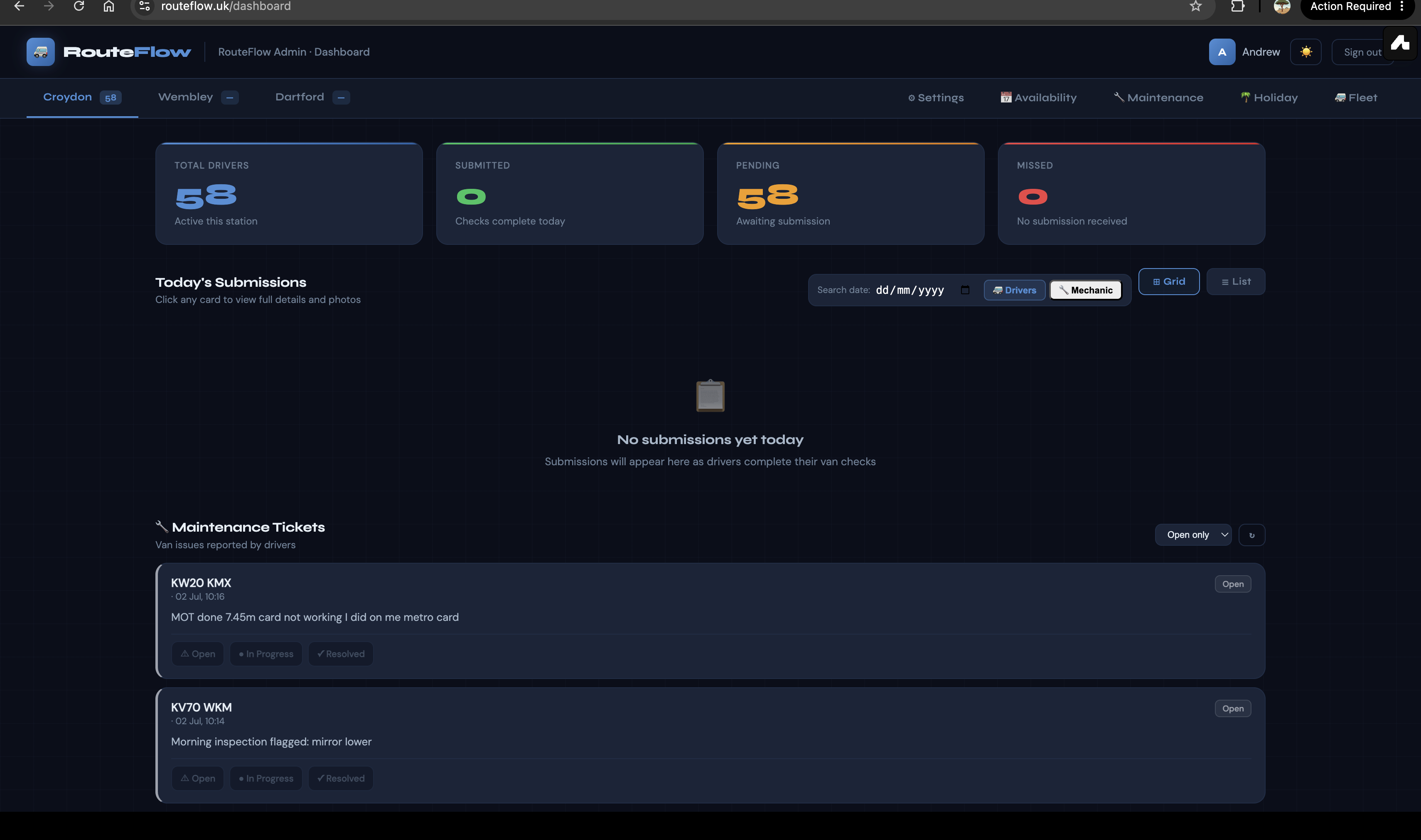 RouteFlow manager dashboard on desktop: driver counts, submissions, pending and missed checks, and maintenance tickets